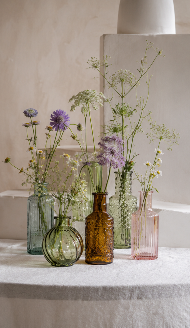 Pakke med 10 pastelfarvede glasvaser til små buketter, enkelte blomster og dekorativ bordpynt.
